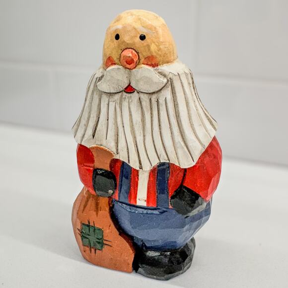 Primitive Folk Art Handcarved Wooden Bald Santa in Overalls-Country Santa-5.25”H - Picture 2 of 8